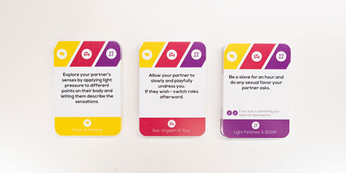 close up of the card decks in Intimacy Bingo - card game for couples to boost intimacy and connection