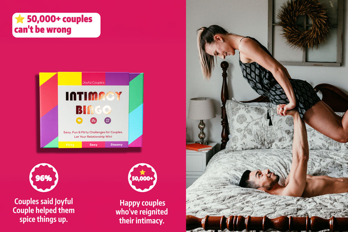 intimacy bingo card game for couples with social proof and a happy couple on the right side of the image