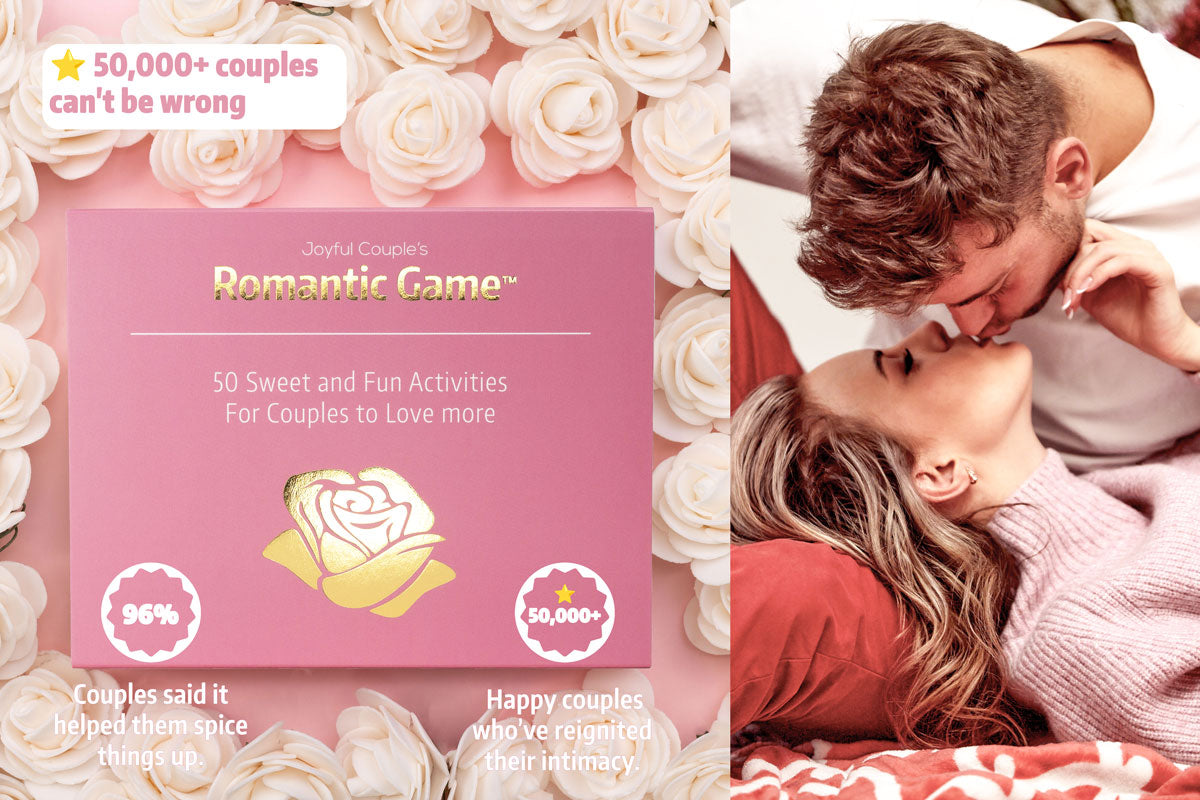 joyful couple's romantic game with social proof and a couple kissing 